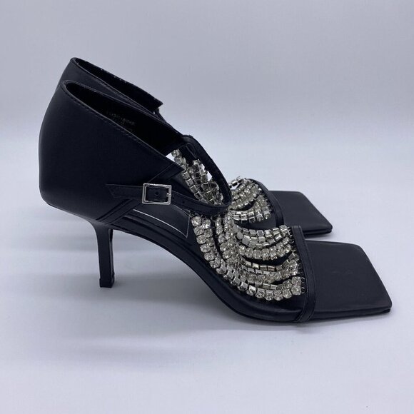 Zara 2020 Cruise Sandals 39 Sparkly Rhinestone Black Leather Square Toe Heels - Picture 5 of 16
